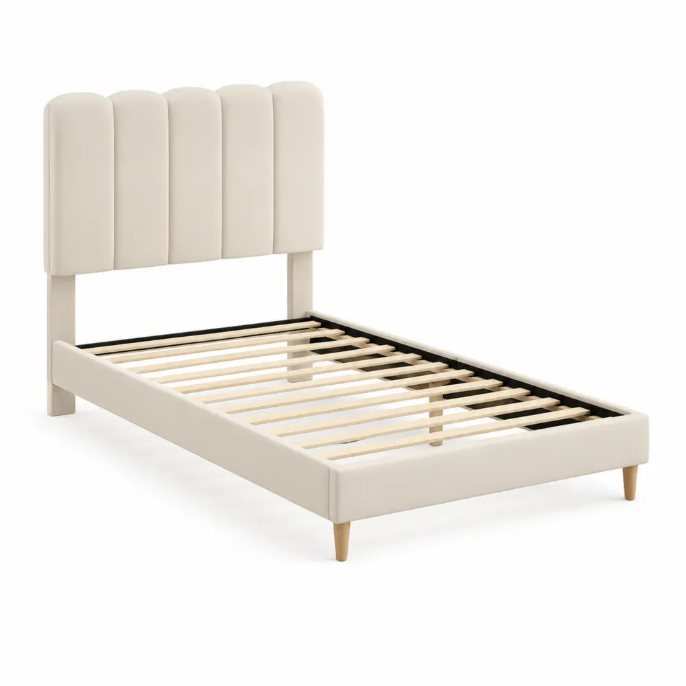 Letto singolo con struttura in legno e testiera imbottita in tessuto crema