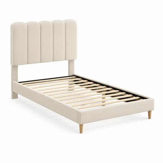 Letto singolo con struttura in legno e testiera imbottita in tessuto crema
