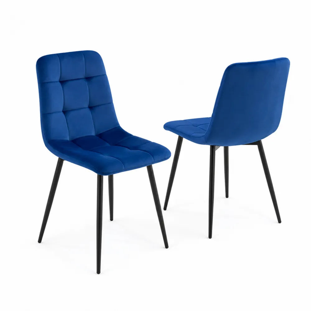 Sedie in velluto blu con gambe in metallo, set da 2