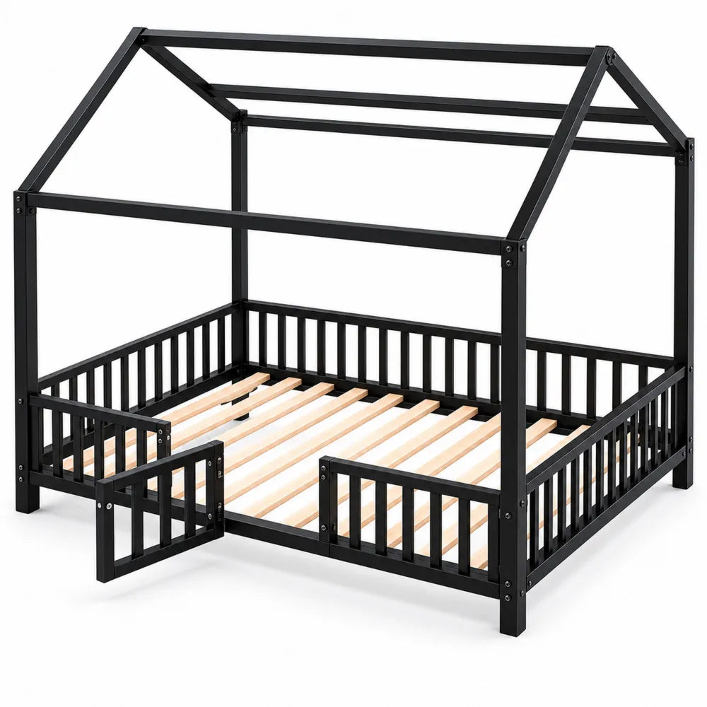 Letto a forma di casetta in acciaio nero per bambini 200x90 cm