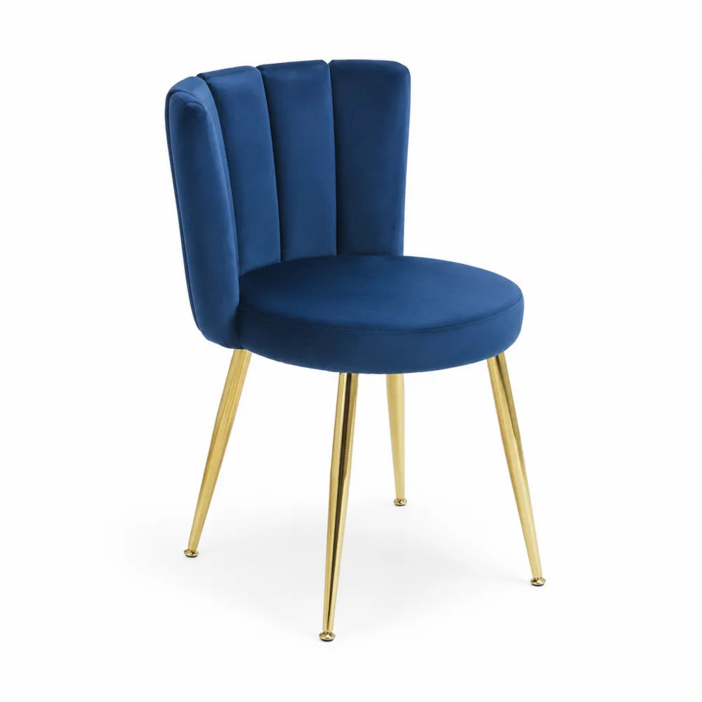 Sedia in Velluto Blu con Gambe in Metallo Dorato