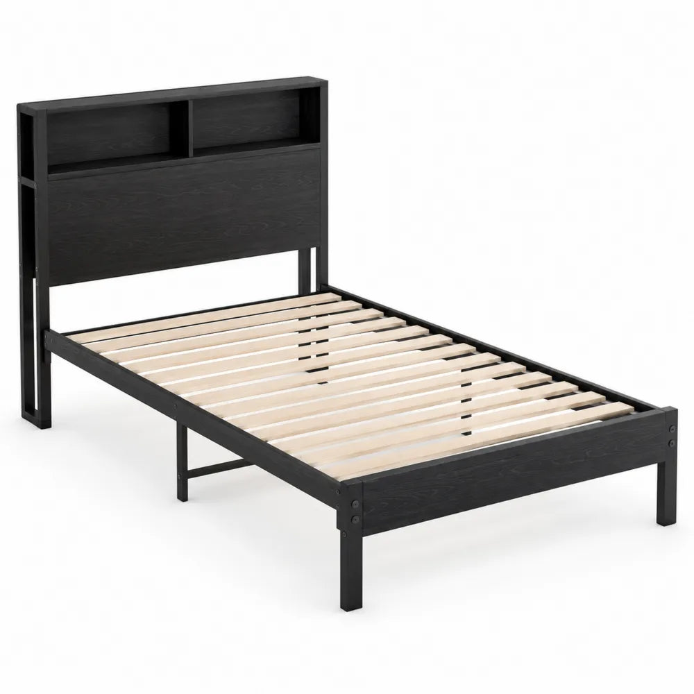 Letto Singolo in Legno con Testiera Libreria Nero