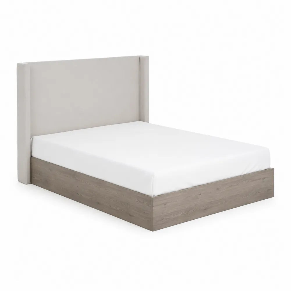 Letto matrimoniale con testiera in tessuto poliestere beige e struttura in legno 200x160x100 cm