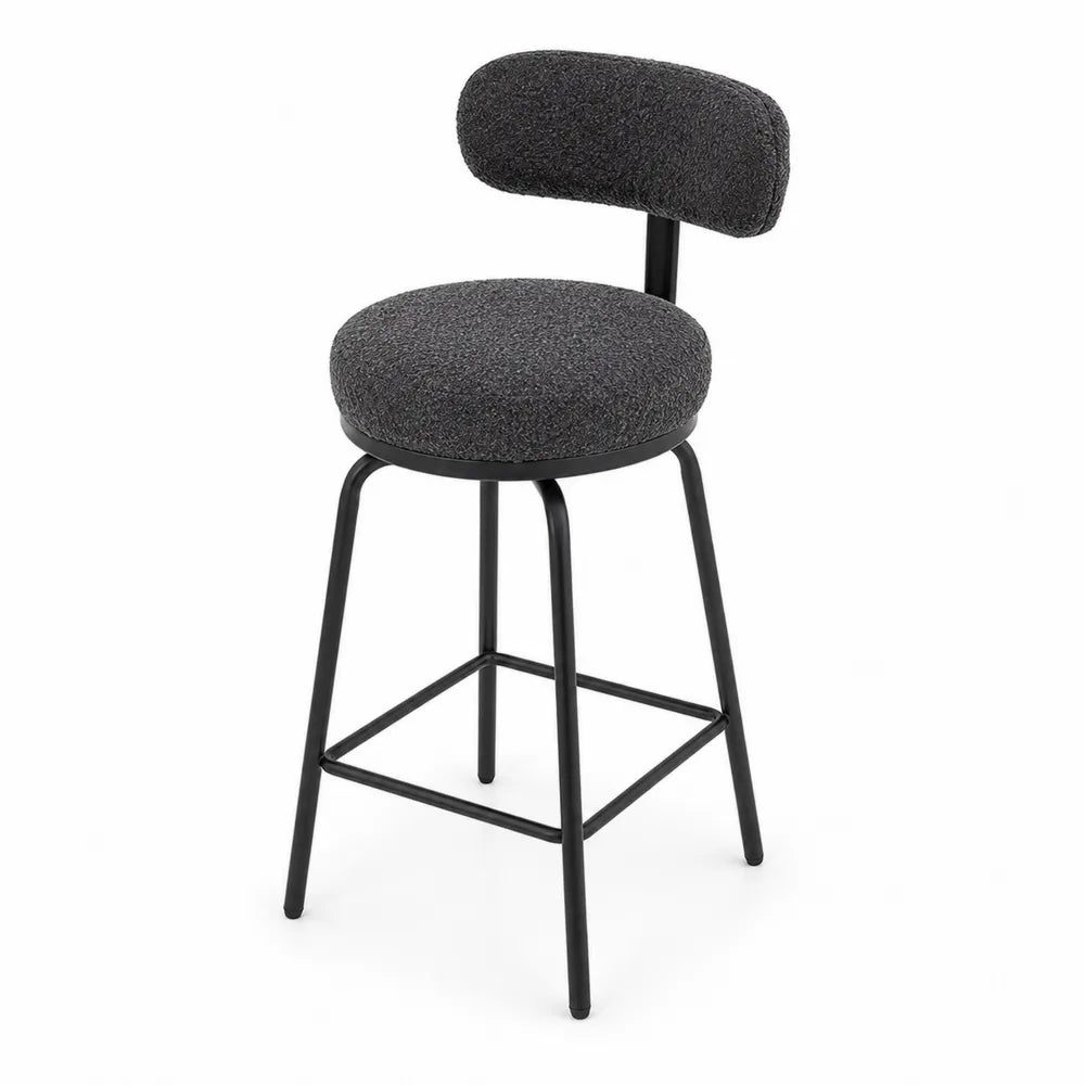 Sgabello in Tessuto Bouclé Grigio con Struttura in Metallo Nero