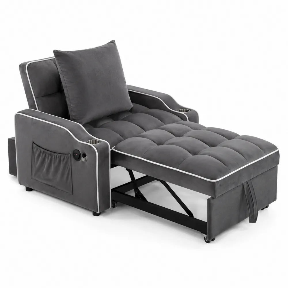 Chaise Longue in Velluto Grigio con Porta Bicchieri