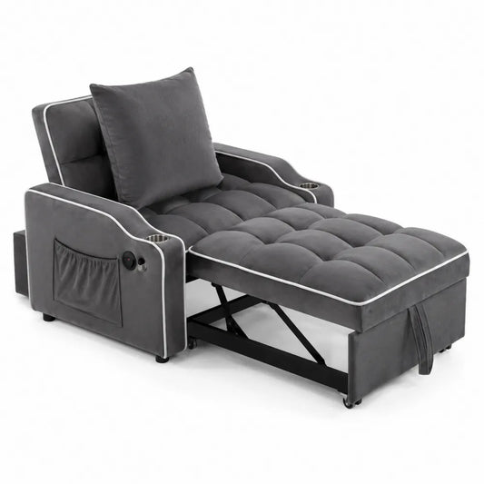 Chaise Longue in Velluto Grigio con Porta Bicchieri