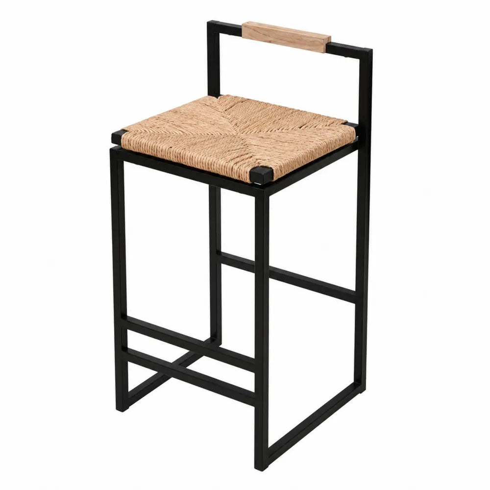 Sgabello da Bancone in Metallo Nero e Rattan