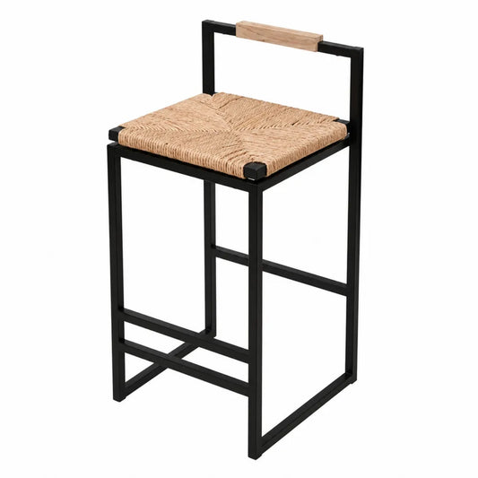 Sgabello da Bancone in Metallo Nero e Rattan