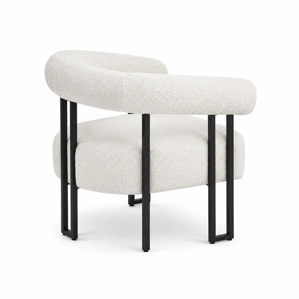 Poltrona in Tessuto Bouclé Bianco con Struttura in Metallo Nero