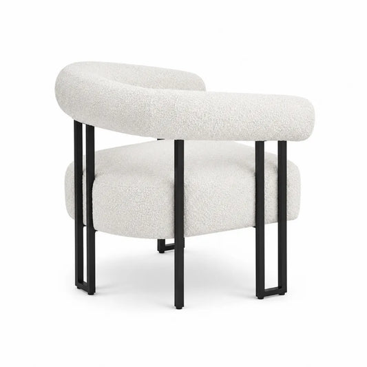 Poltrona in Tessuto Bouclé Bianco con Struttura in Metallo Nero