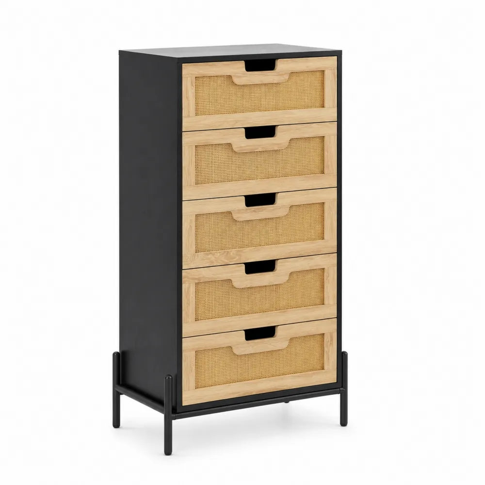 Cassettiera in Metallo Nero e Rattan con 5 Cassetti