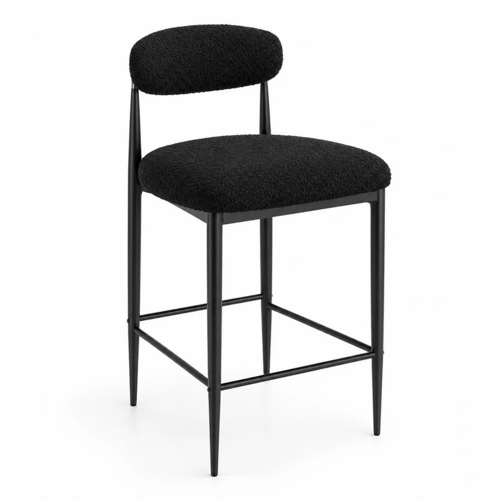 Sgabello da Bar in Metallo e Tessuto Bouclé Nero